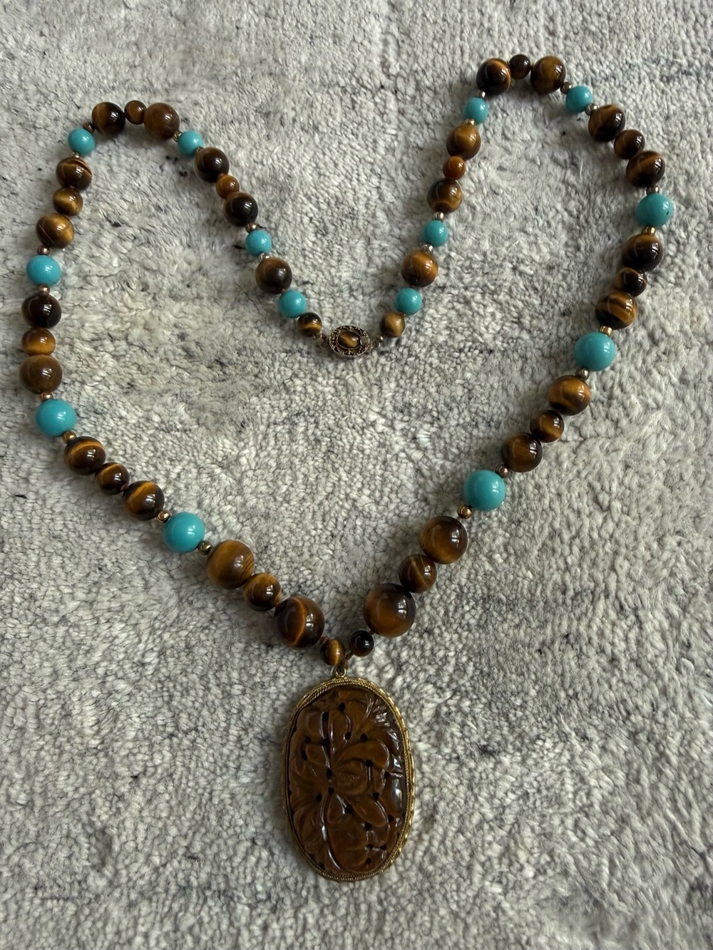 Vintage Stunning Tiger Eye And turquoise Necklace Large Carved Tigereye Pendant